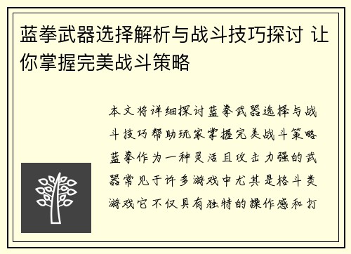 蓝拳武器选择解析与战斗技巧探讨 让你掌握完美战斗策略